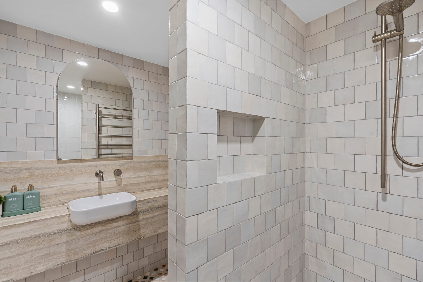 Coastal home accommodation tiled shower bathroom Point Lookout