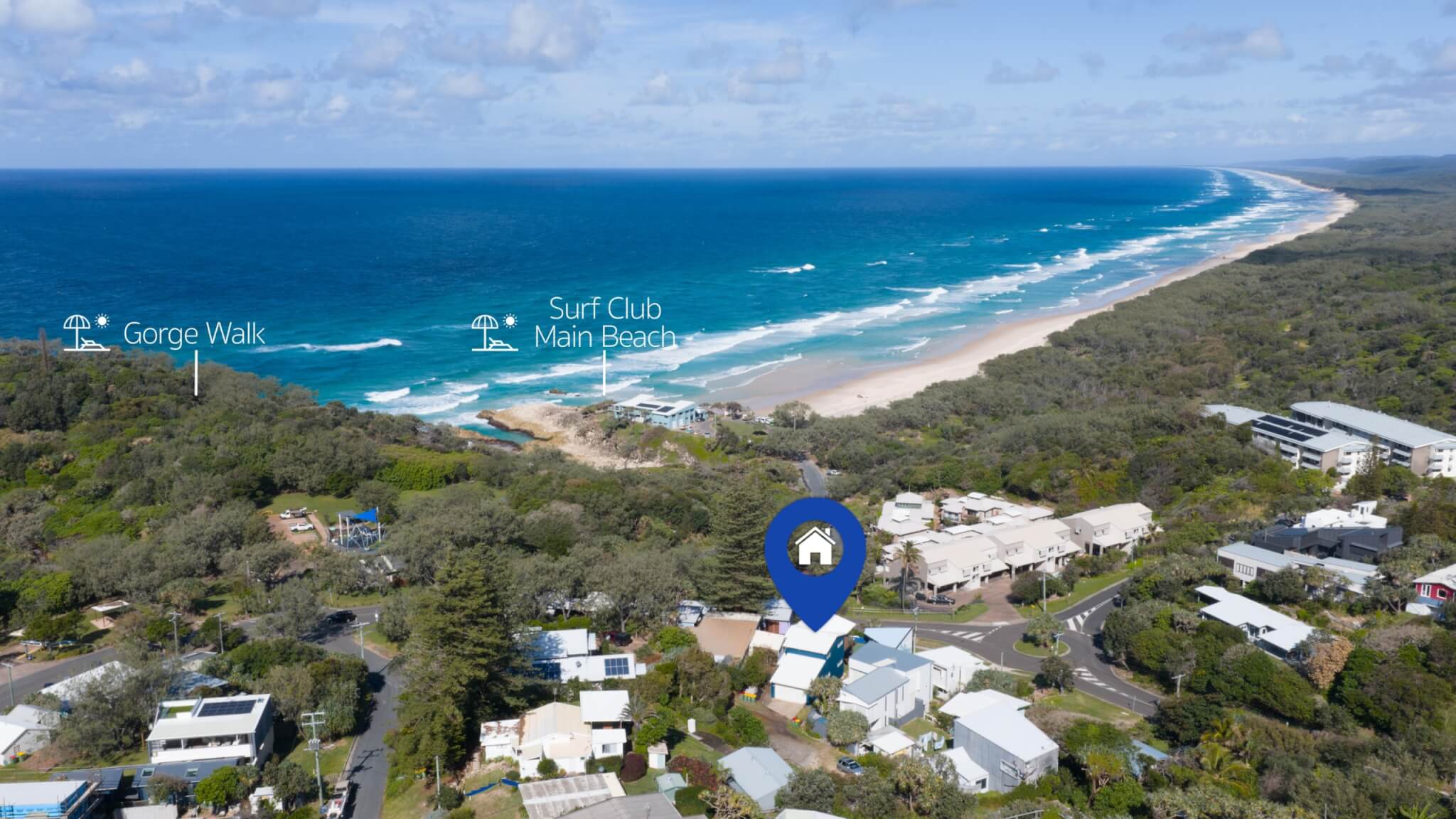 Coastal home accommodation aerial location view North Stradbroke Island